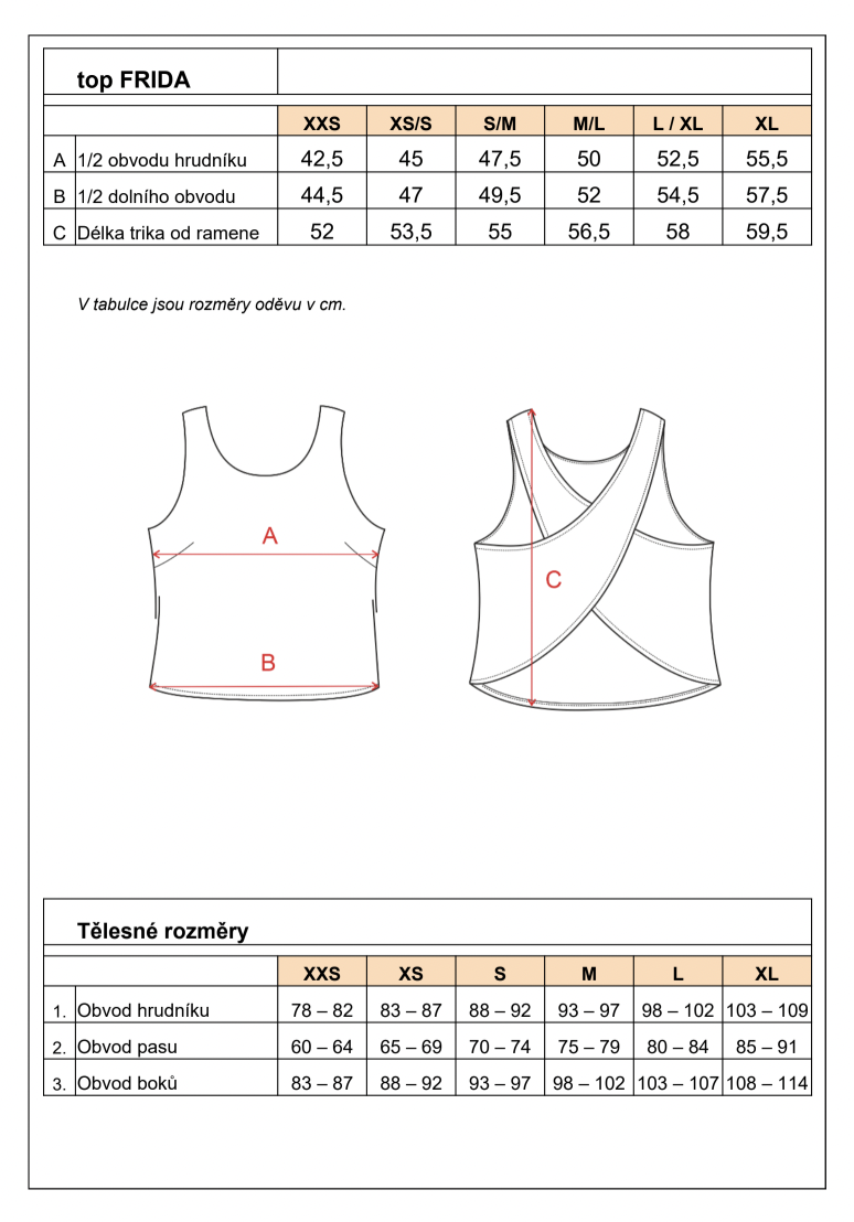 tabulka velikostí frida